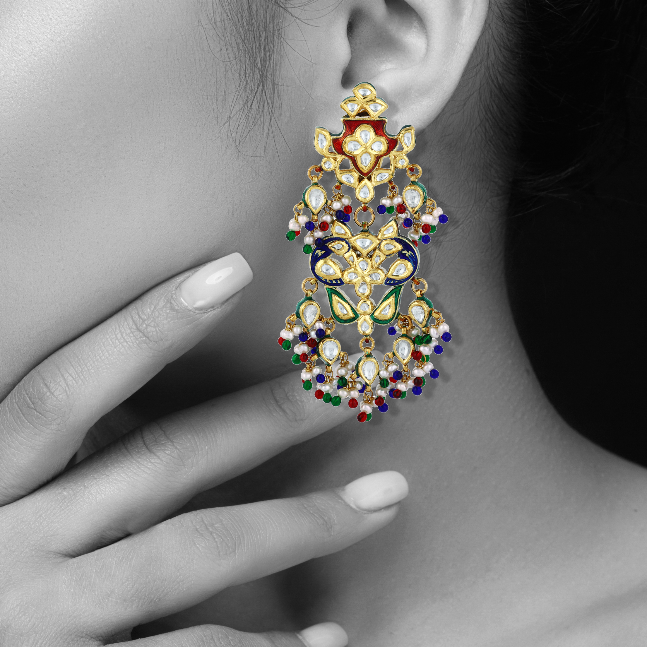 Polki Earrings with Multicoloured Enamel, Beads and Pearls